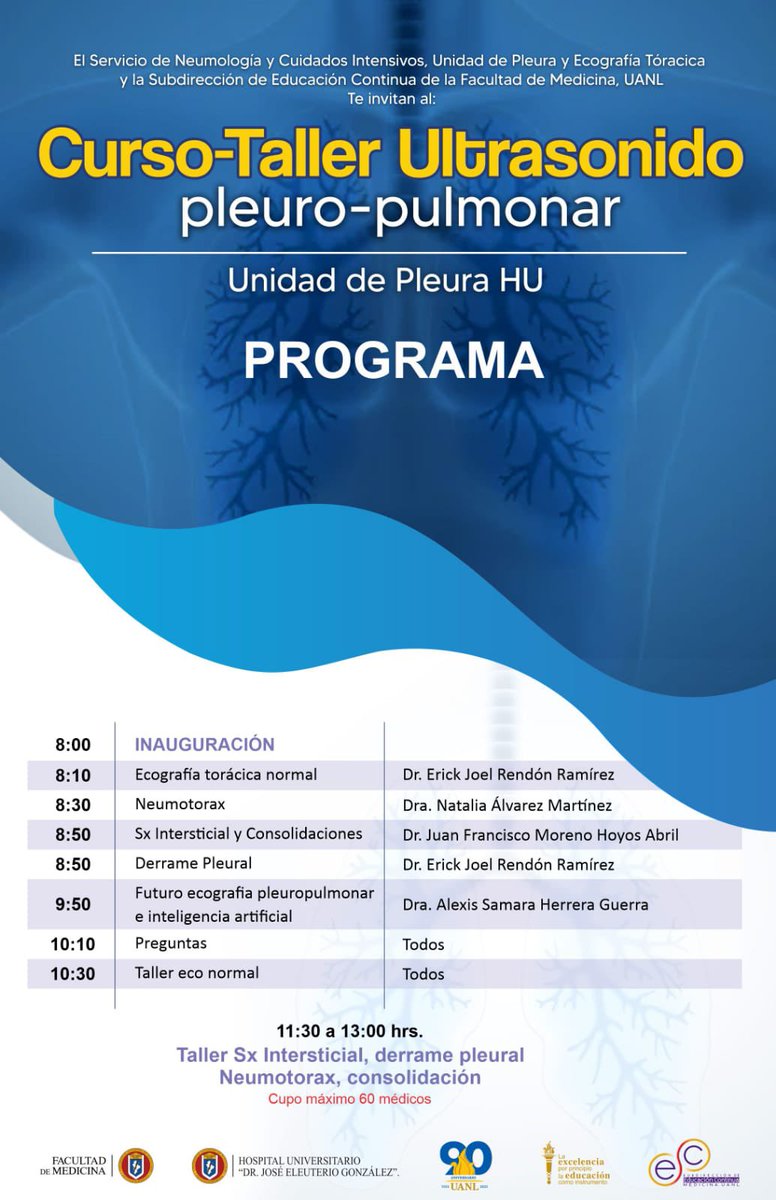 ErickRendonMD's tweet photo. We invite you to the 7th edition of the Toracic Ultrasound Workshop Course, where we will explore the extensive clinical application of ultrasound in decision-making. The event is scheduled for September 7, 2024. Attendance is free (certificate fee applies). https://t.co/HrccXtnaBG