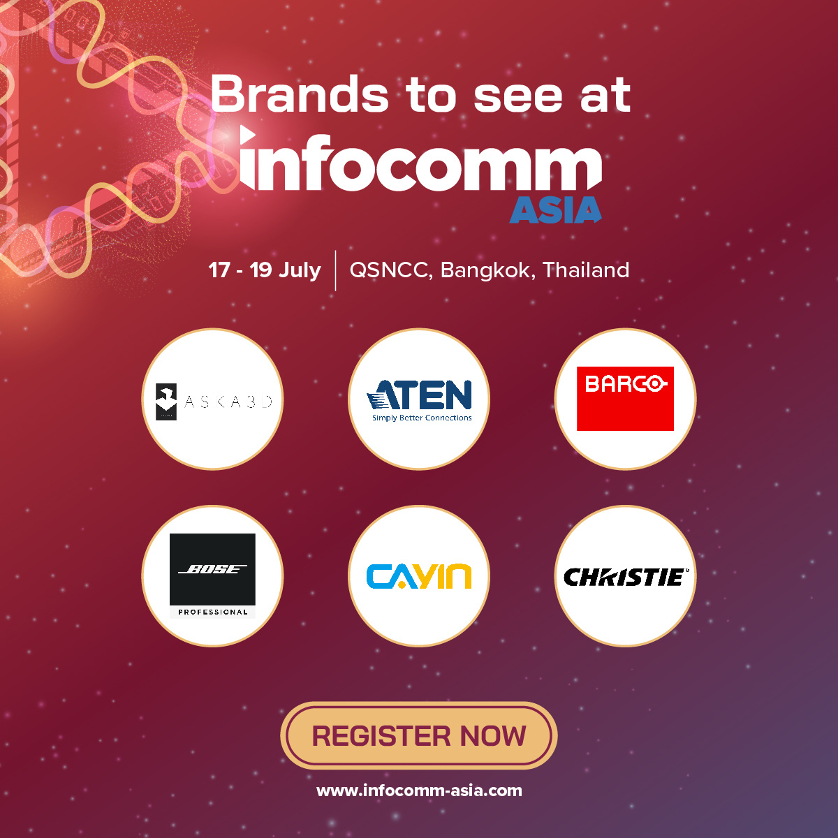 InfoCommAsia's tweet image. Get ready to immerse yourself in the latest tech innovations at InfoComm Asia 2024 in Bangkok!
Here&apos;s a peek at some of brands you can expect at the show!
📅17-19 July 2024
📍QSNCC, Bangkok
👉 FREE Registration: hubs.li/Q02CxFKq0
#InfoCommAsia2024 #ProAVTechnology #AVTweeps