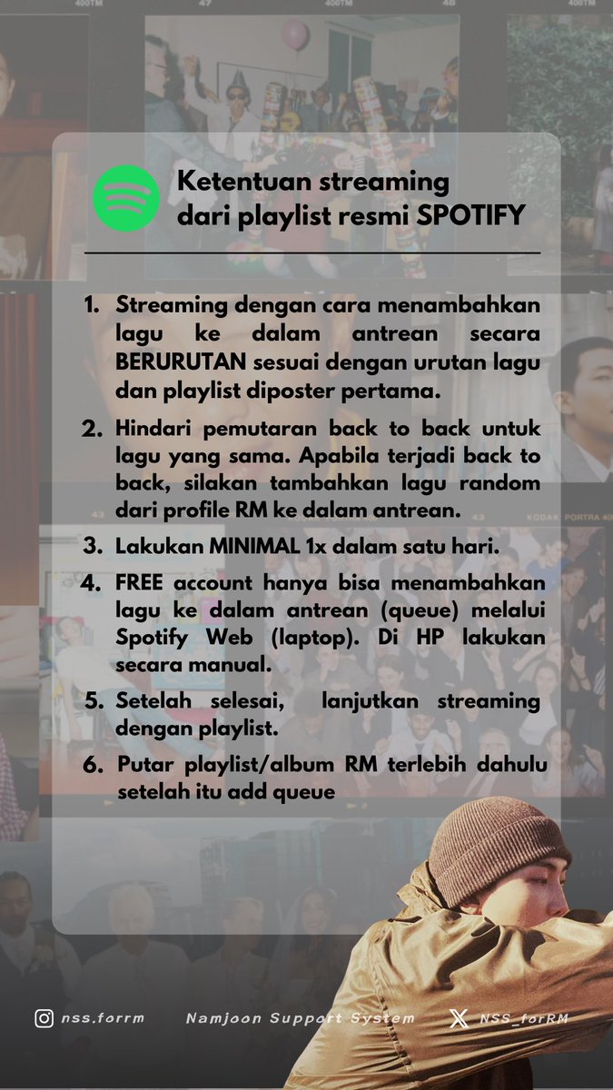 🎶 Streaming melalui playlist resmi Spotify 🎶

Hai ARMY. Waktunya menambahkan lagu-lagu RM yang ada di playlist buatan Spotify ke dalam queue. 

⏰ 10.00 WIB - 17.00 WIB (SETIAP HARI) 

Untuk list lagu dan ketentuan streaming, silakan check poster yang tertera pada tweet ya 👇🏻
