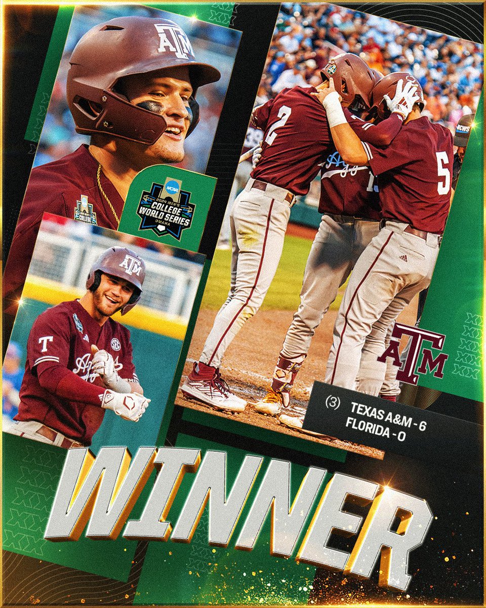 (3) <a href="/AggieBaseball/">Texas A&M Baseball</a> eliminates Florida in Game 12 of the #MCWS, 6-0.