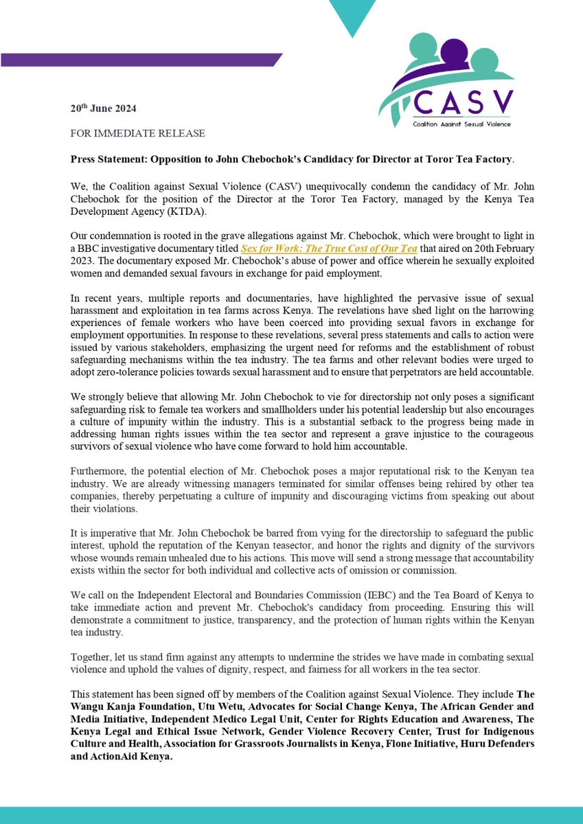Press Release: 

We, the members of the <a href="/CoalitionAgSV/">Coalition Against Sexual Violence</a> unequivocally condemn the candidacy of Mr. John Chebochok for the position of the Director at the Toror Tea Factory, managed by the @KTDATea. All we ask is @KTDATea to protect tea workers. 

#StopChebochok