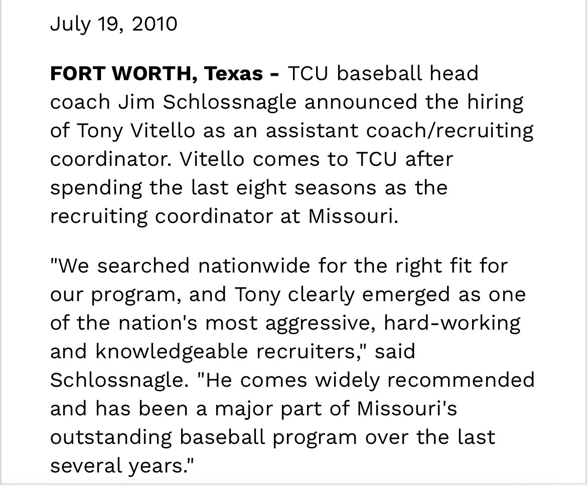 2024 College World Series Finals. 

Aggies. Volunteers. 

Schloss. Tony V. 

14 years ago TCU Head Coach Jim Schlossnagle hired Tony Vitello, now they face off for a Championship