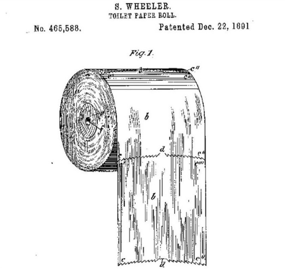 The original patent from 1891 for a toilet paper roll shows the correct rolling direction, in case you ever doubted.