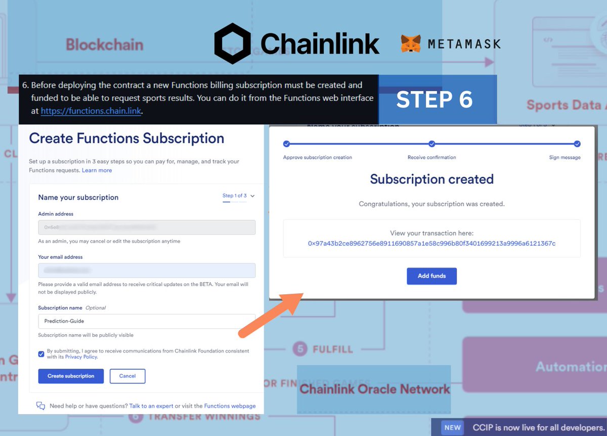 1cree8's tweet image. Let's create @chainlink functions subscription
Add funds, top it up proactively, and never let that LINK reserve run dry.
Stay on top of your costs to ensure your smart contract requests are fulfilled without interruption!
#ChainlinkFunctions #ccip #interoperability