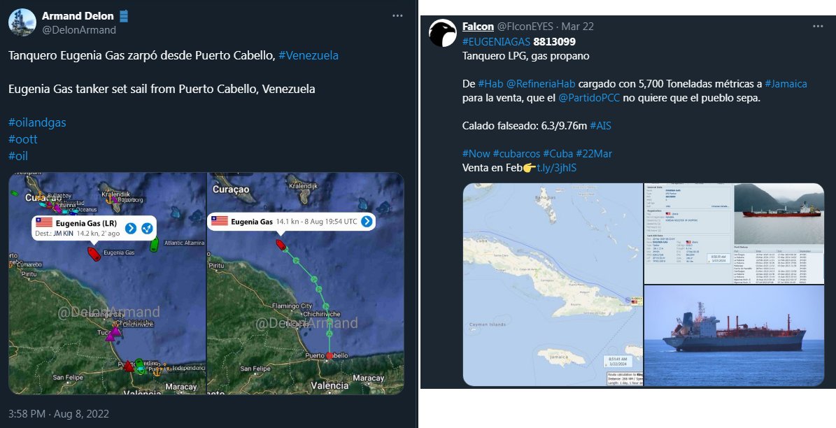FlconEYES's tweet photo. #EUGENIAGAS 8813099
Tanquero LPG, #gas #propano

Traficó gas propano para las #Tiranías de #Cuba y #Venezuela. Los records de viajes se remontan a inicios de 2022. Zarpó luego de vender propano del @PartidoPCC hacia #Europa.
@DelonArmand

#Now #AIS #cubarcos #Cuba #19Jun https://t.co/fiY8X6nEGQ