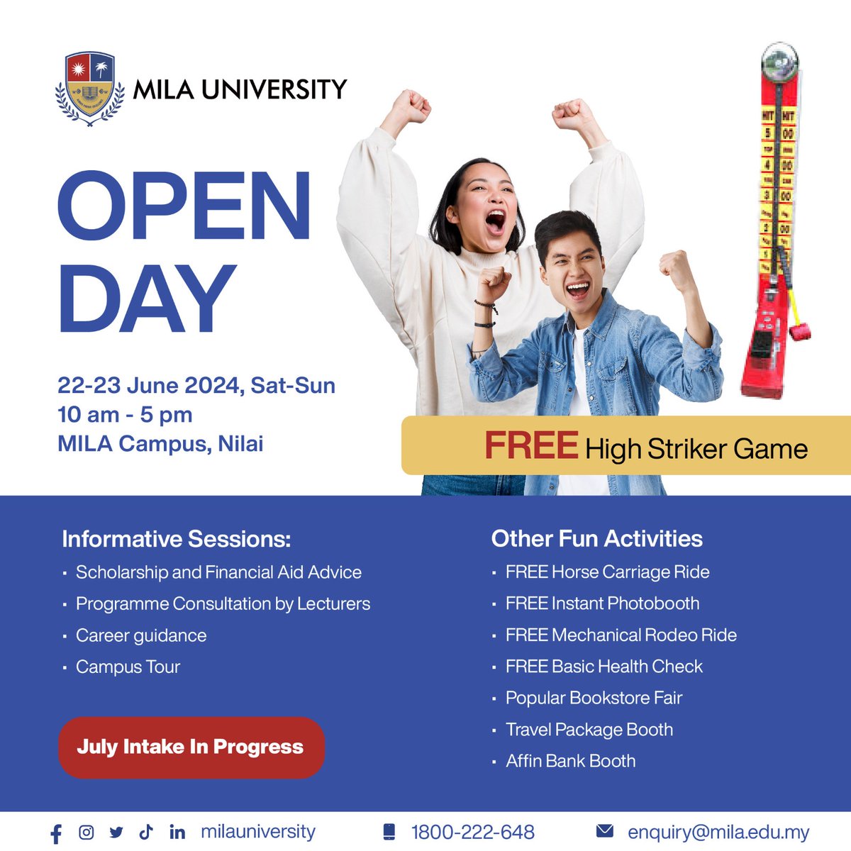 Join us this Sat &amp; Sun for our university's open day extravaganza!

🐴 Feel like Cinderella or Prince Charming on our Horse Carriage Ride! 🤠Be a cowboy on our Rodeo Bull Ride  or📸Capture memories at our Instant Photo Booth!
Loads more surprises await. Spread the word 
#MILAMY