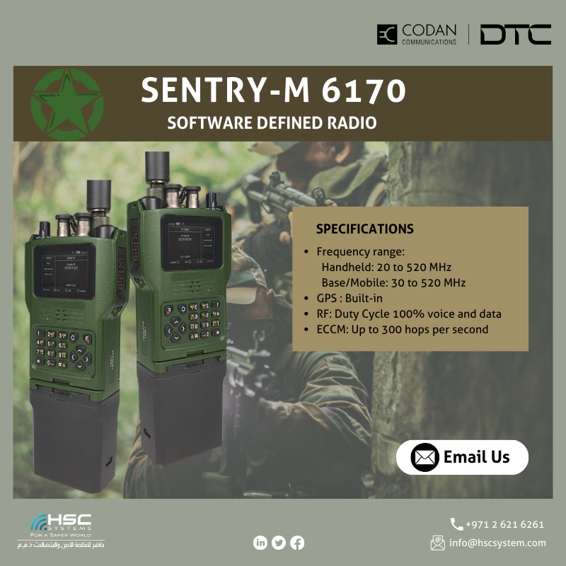 HSCSystem's tweet image. The Sentry-M 6170 features advanced digital signal processing technology, even in noisy or challenging RF environments. 

#HSCS #CODANCommunications #DTC #forasaferworld #uae #abudhabi #dubai #digitaltransformation 
#ملتزمون_ياوطن
#نتصدر_المشهد