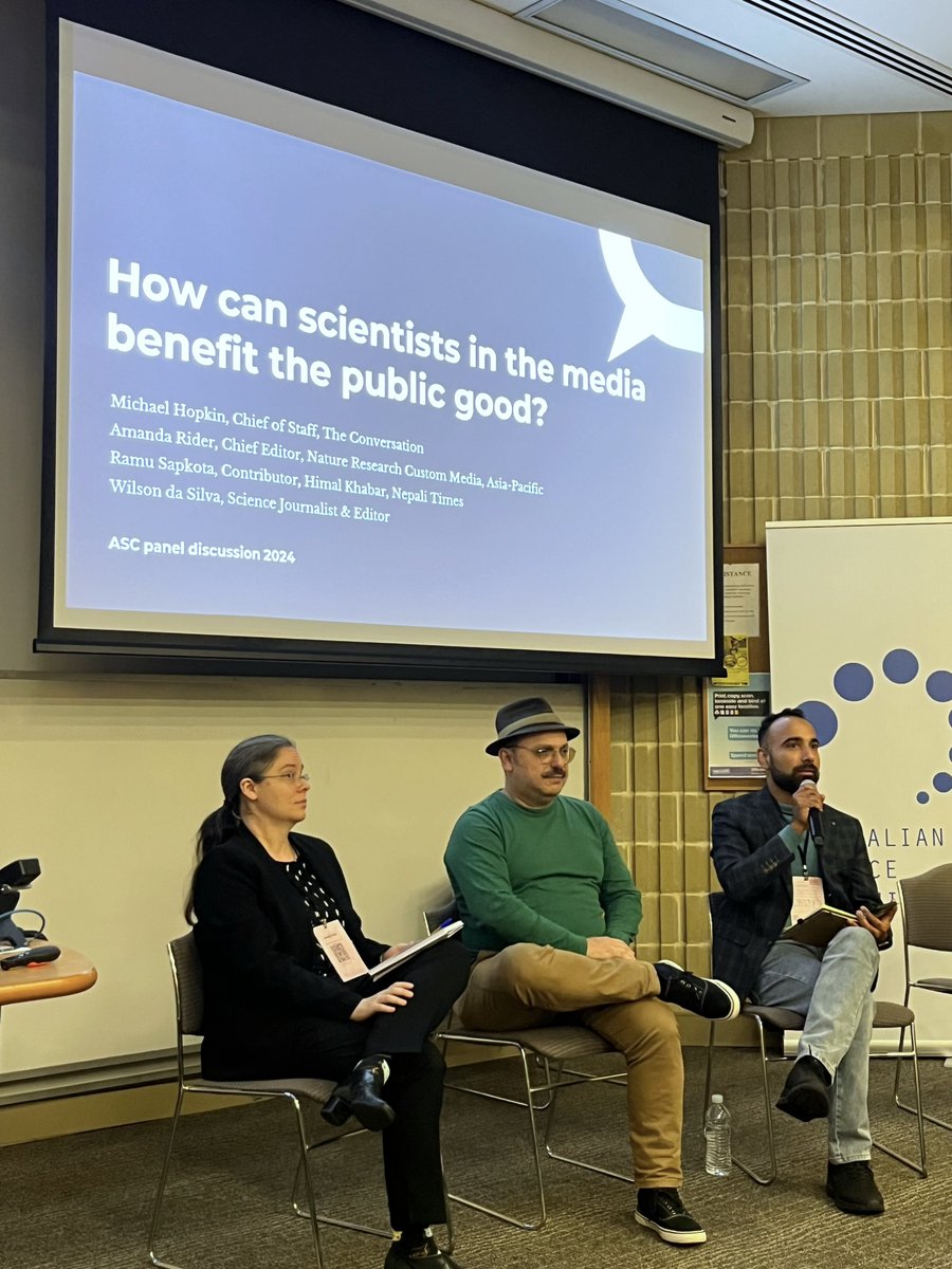 Australian Academy of Science (@science_academy) on Twitter photo Today at the conference of Australian Science Communicators, a panel—How can scientists in the media benefit the public good?—was hosted by Michael Hopkin of <a href="/ConversationAU/">The Conversation</a>. Panelists discussed the 'atomised' nature of the media landscape and a movement towards 'solutions Today at the conference of Australian Science Communicators, a panel—How can scientists in the media benefit the public good?—was hosted by Michael Hopkin of <a href="/ConversationAU/">The Conversation</a>. Panelists discussed the 'atomised' nature of the media landscape and a movement towards 'solutions