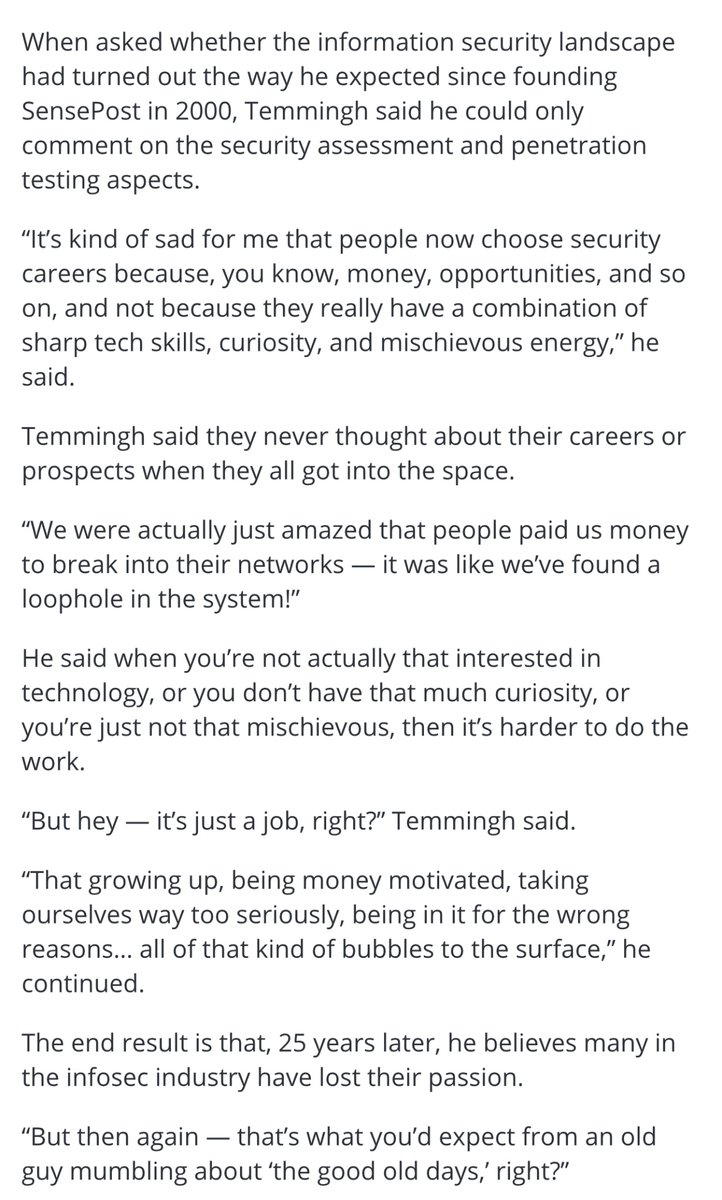 I have unending love and respect for <a href="/RoelofTemmingh/">Roelof Temmingh</a> and loved this profile on him. 

I particularly feel this part - riffing off <a href="/halvarflake/">Halvar Flake</a>’s Daily <a href="/daveaitel/">Dave Aitel</a> post seclists.org/dailydave/2022…