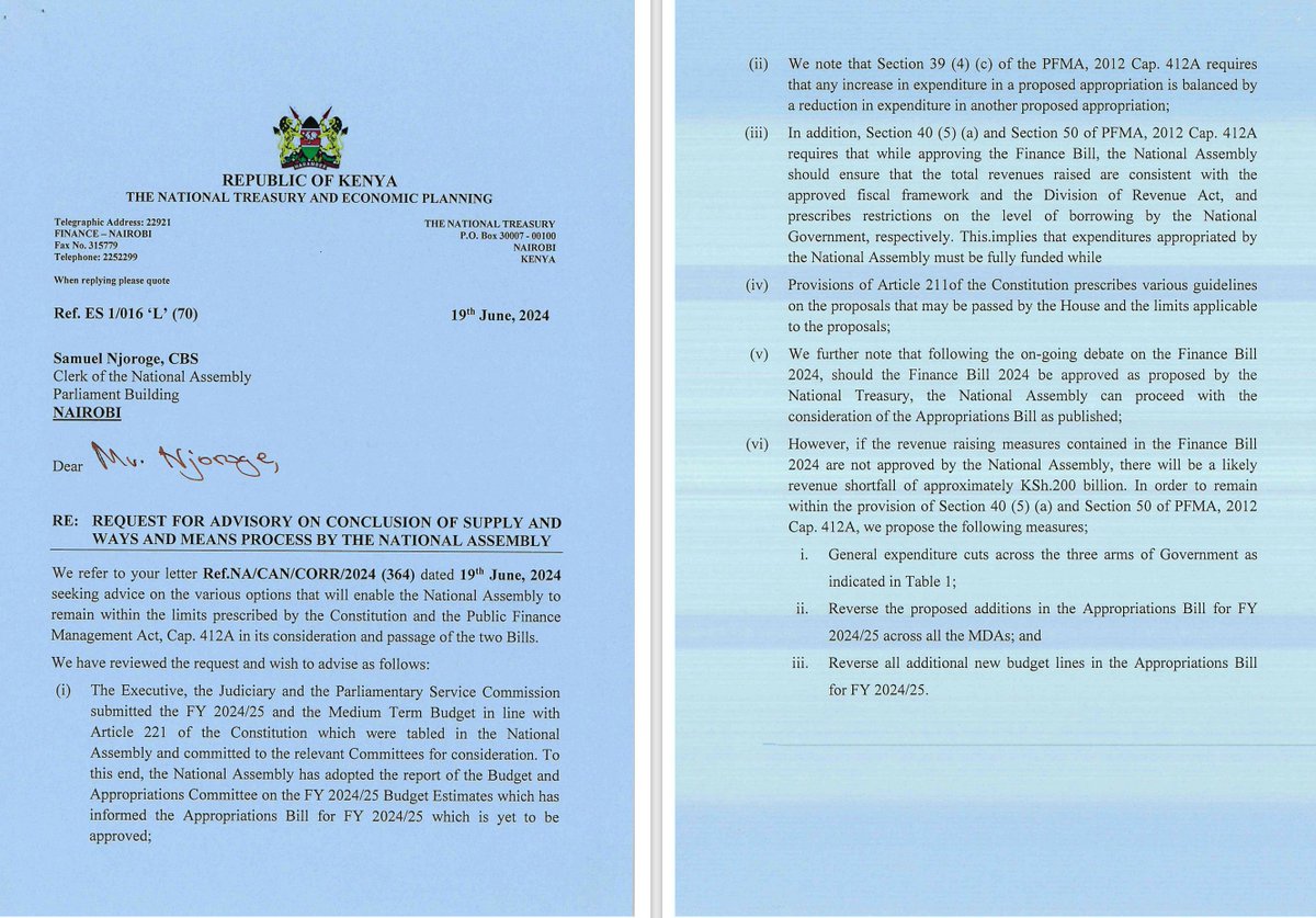 MwangoCapital's tweet image. 🚩| Getting tight. 

Treasury has warned Parliament that if the revenue-raising measures in the Finance Bill 2024 are not approved, a KES 200B shortfall is anticipated. 

To address the shortfall, Treasury has proposed:
—&amp;gt;General expenditure cuts across the three arms of…