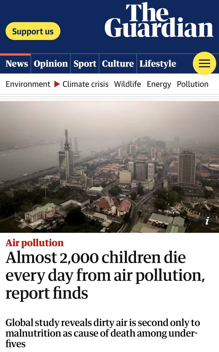“Nearly 2,000 children under five are dying every day from air pollution, which has overtaken poor sanitation and a lack of clean water to become the second biggest health risk factor for young children around the world.

More than 8 million deaths, of children and adults, were