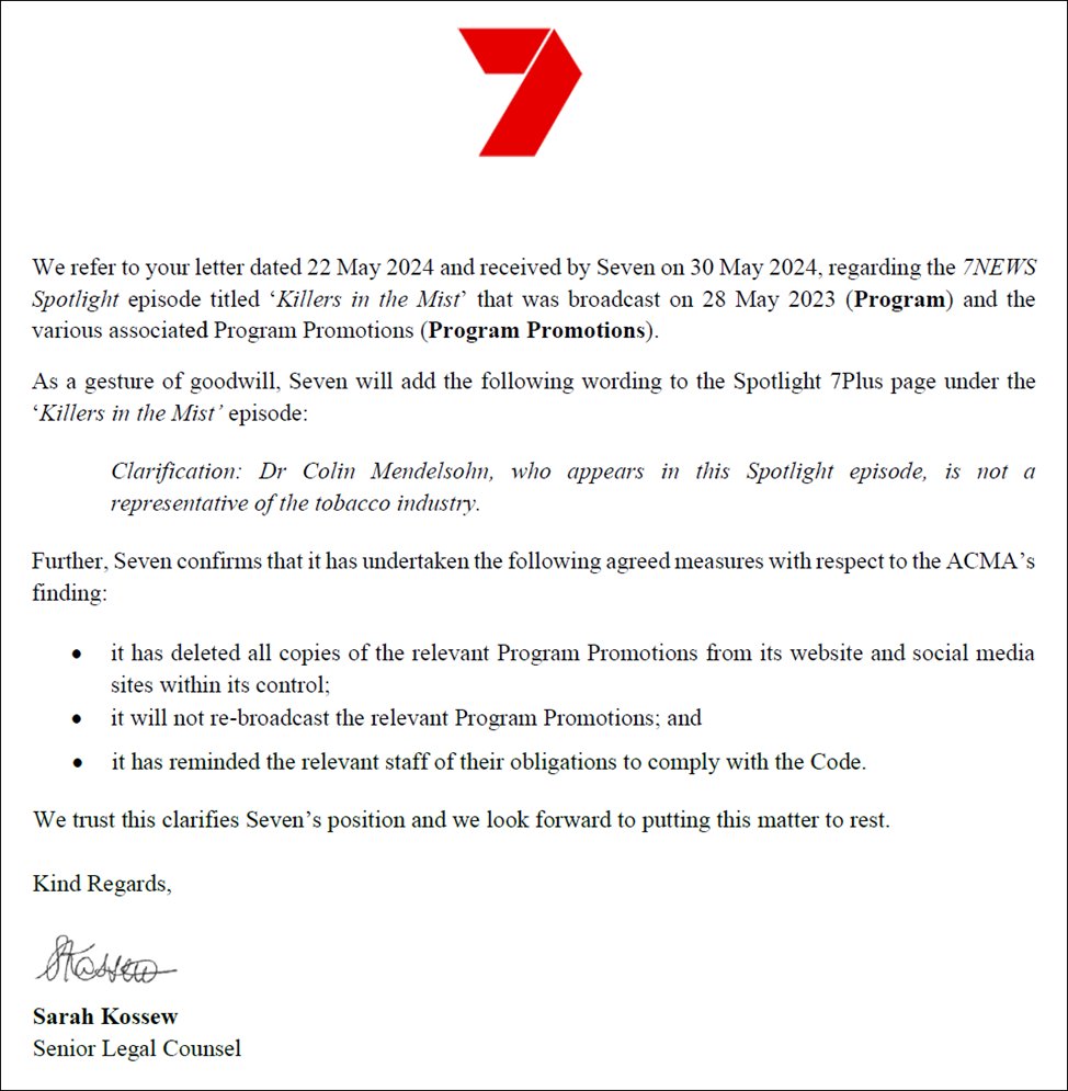 Well well!
After falsely portraying me as a representative of the tobacco industry its national TV show <a href="/7NewsSpotlight/">7NEWS Spotlight</a>, channel 7 has finally admitted I am not (after the industry regulator <a href="/acmadotgov/">ACMA</a> ruled against them)
Appalling!
