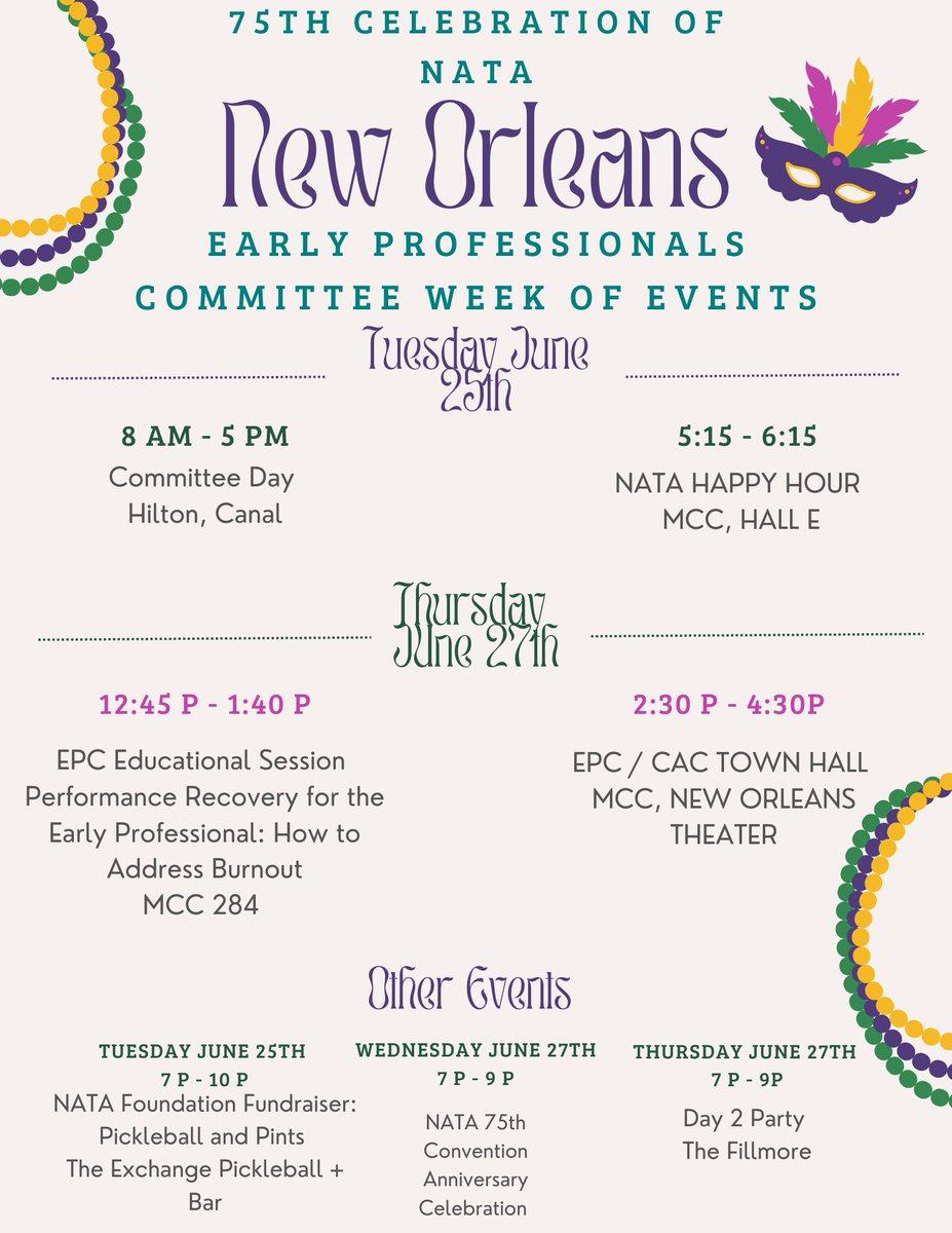 Here is a glimpse into some of the places and event our committee will be attending! Feel free to share what else you are planning on attending! #NOLA #NATA24