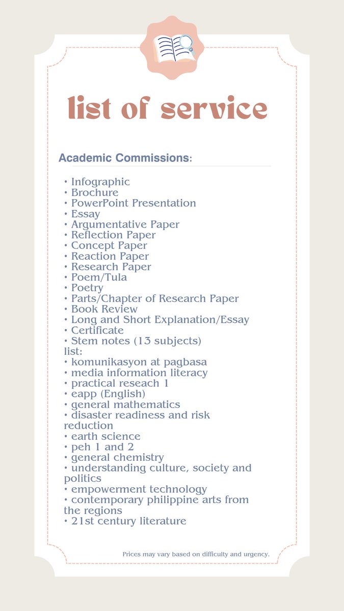 gracious_study's tweet image. Welcome to "Gracious Study"! Our goal is to offer top-notch academic commissions(check the picture below)
dm me if interested!!
Prices may vary based on difficulty and urgency (⌒▽⌒)☆
accounts:
@gracious_study on twt&amp;amp;tiktok
Gracious Study/ Grace Gonzaga on fb!!