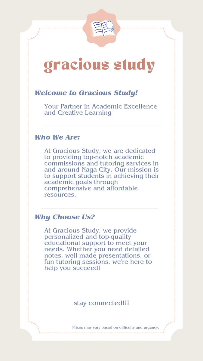 gracious_study's tweet image. Welcome to "Gracious Study"! Our goal is to offer top-notch academic commissions(check the picture below)
dm me if interested!!
Prices may vary based on difficulty and urgency (⌒▽⌒)☆
accounts:
@gracious_study on twt&amp;amp;tiktok
Gracious Study/ Grace Gonzaga on fb!!