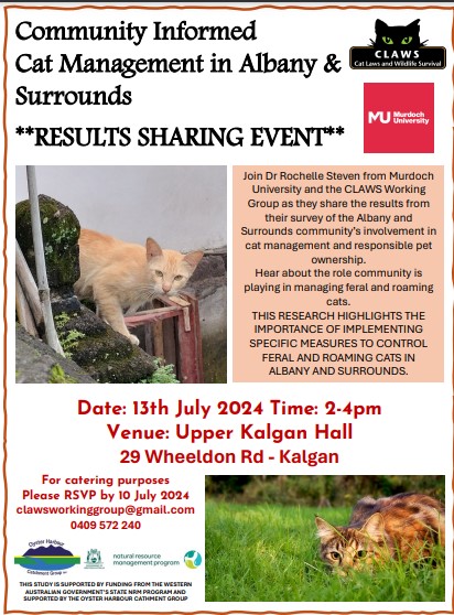 CLAWS - Cat Laws and Wildlife Survival (@notoferalcats) on Twitter photo Come and hear about the communities view of roaming cats and the many aspects and issues of controlling feral cats in the region. <a href="/StateNRMProgram/">State NRM Program WA</a> <a href="/OHCG_inc/">Oyster Harbour Catchment Group Inc</a> Come and hear about the communities view of roaming cats and the many aspects and issues of controlling feral cats in the region. <a href="/StateNRMProgram/">State NRM Program WA</a> <a href="/OHCG_inc/">Oyster Harbour Catchment Group Inc</a>