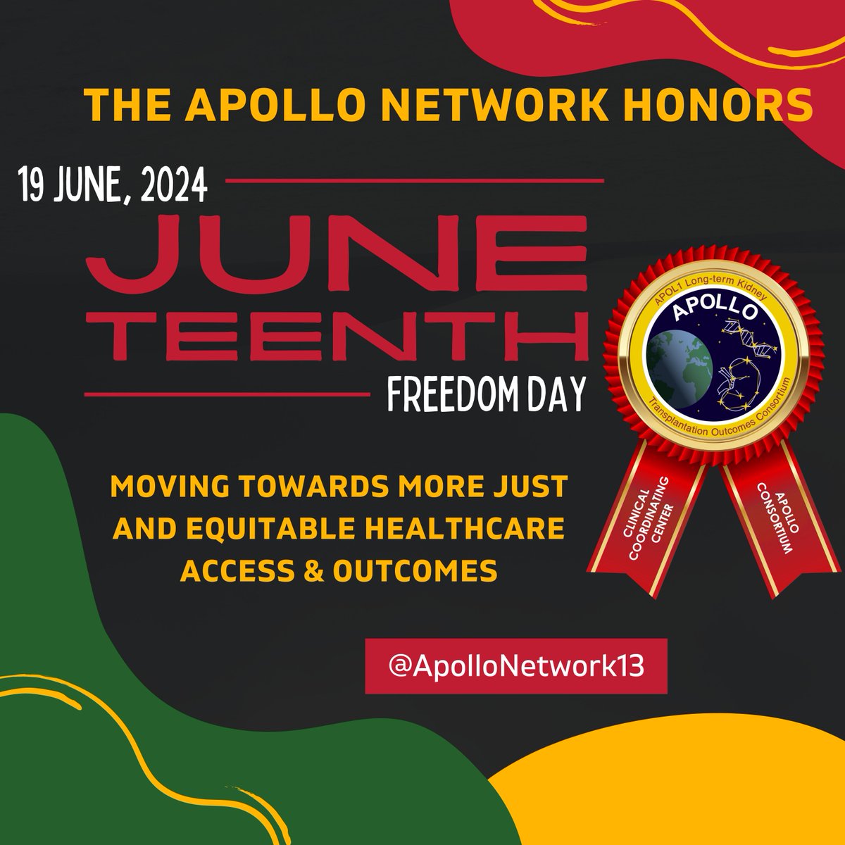 ApolloNetwork13's tweet photo. 👐🏾Honoring #Juneteenth2024 | 🎆Celebrate, Recognize &amp; Rejoice🤲🏾
· Much like #Juneteenth represents the liberation of enslaved individuals, the #APOLLOStudy aims to free African Americans from the burdens of #kidneydisease
🤝🏽#KidneyEquityForAll 🔴🟡🟢 https://t.co/TY8i7sPHg6