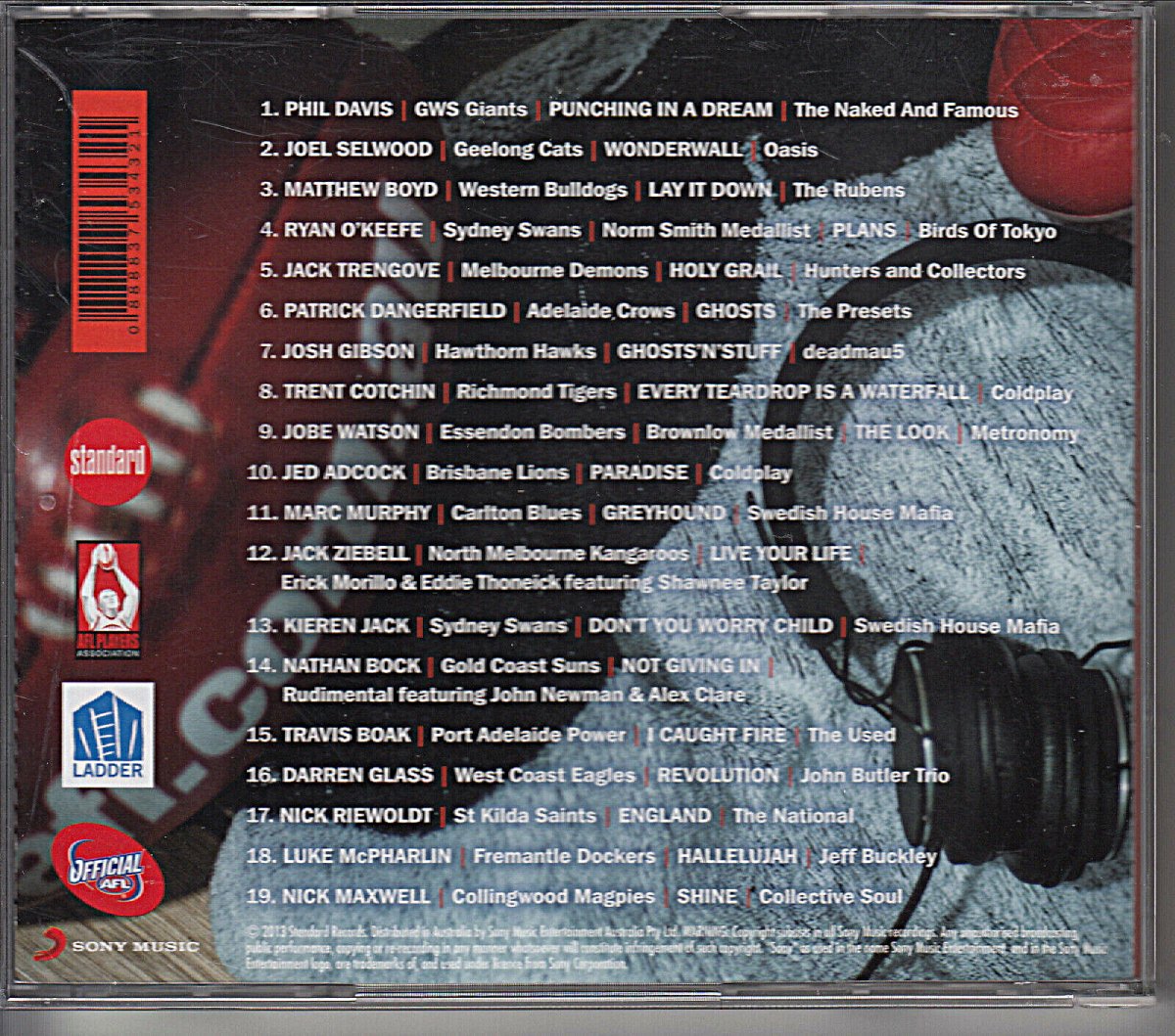 Talk about 'time capsule' stuff. This 2013 AFLPA CD compilation hits every footy player music stereotype. More than a fifth of the CD is either Coldplay or Swedish House Mafia.

Big ups to Watson and Riewoldt for choosing Metronomy and The National though. I'm impressed.