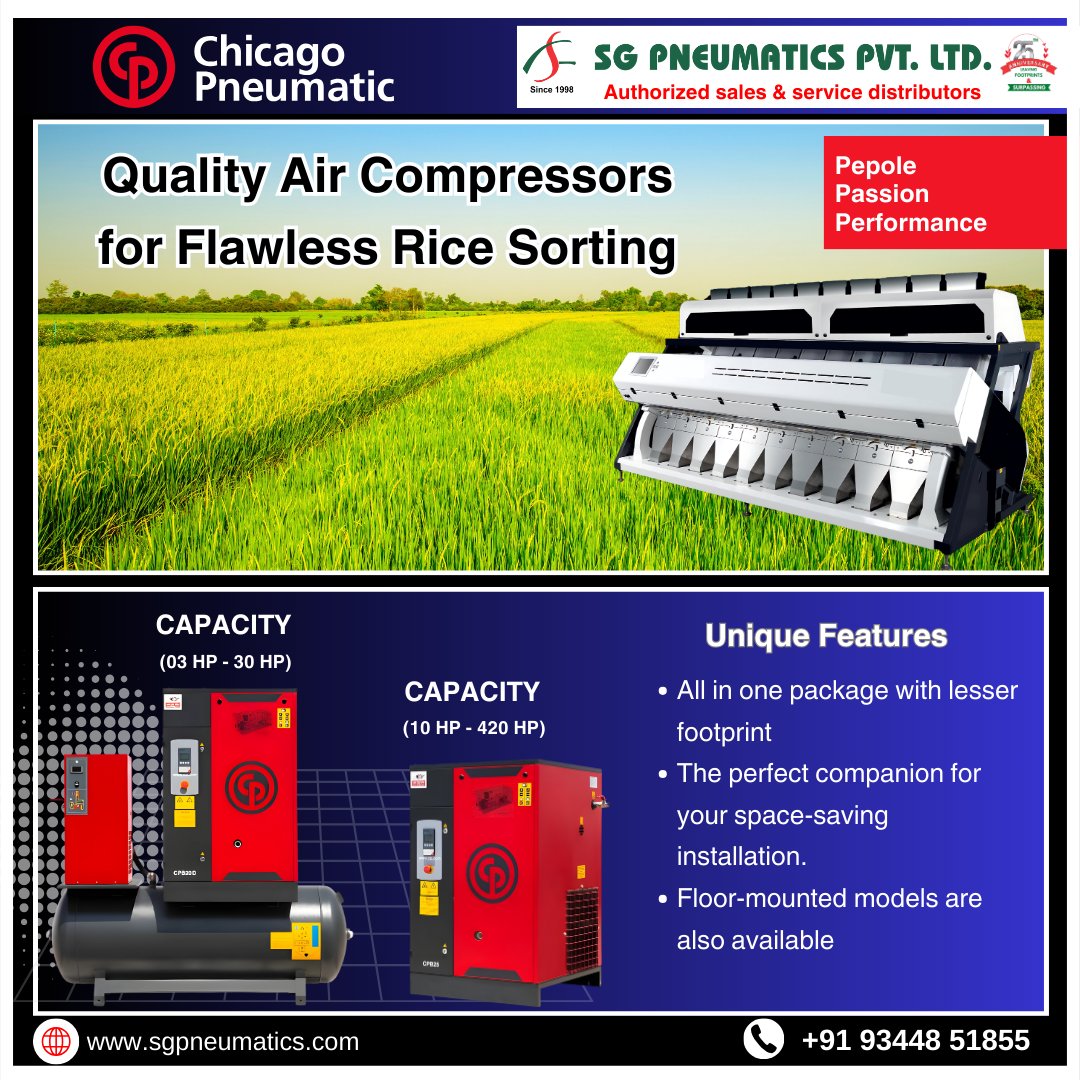 SgPneumatics's tweet image. Boost efficiency and maintain flawless quality in rice sorting operations. Invest in reliable air compressors for optimal performance.
Get Quotation sgpneumatics.com/contact-us-sg-…
contact:93448 51855
#RiceSorting #PrecisionEngineering #QualityAirCompressors #EfficiencyBoost #Agriculture