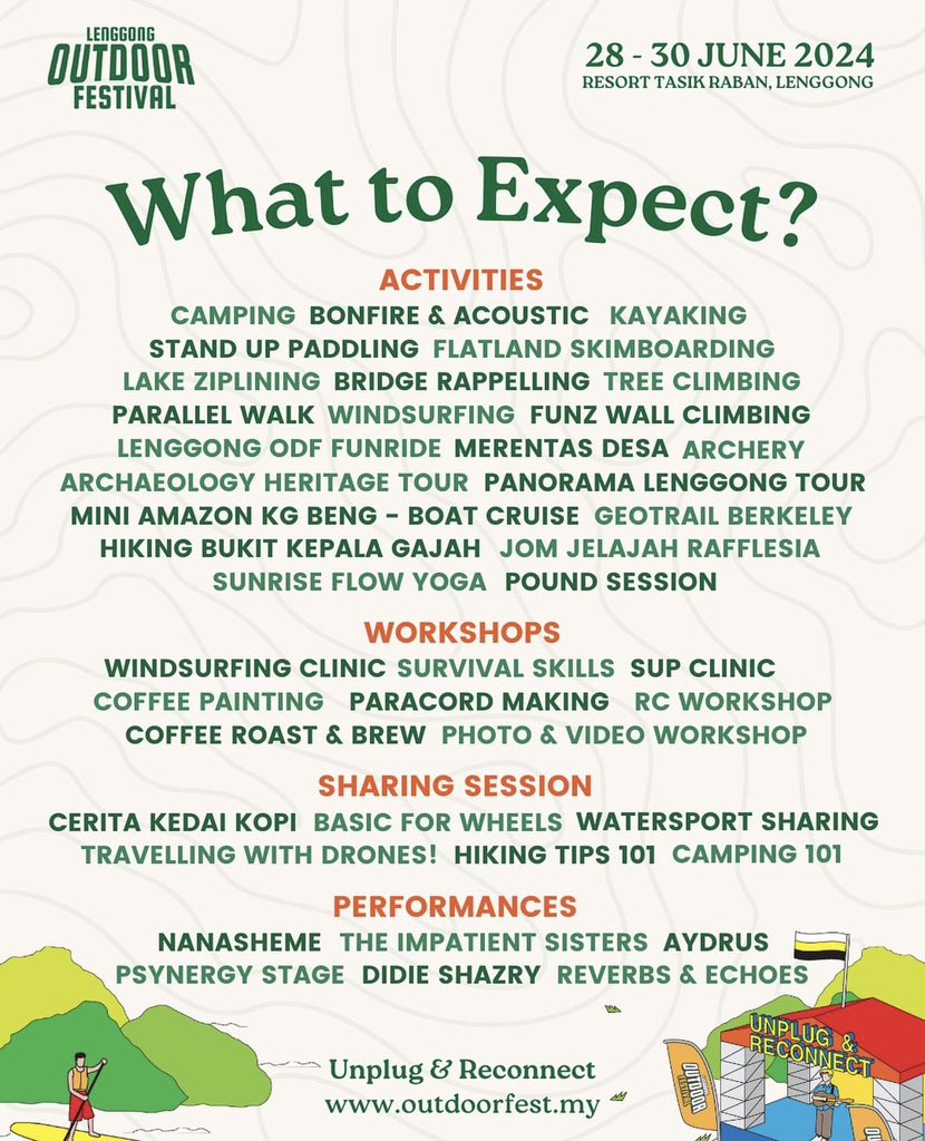 outdoorfestmy's tweet photo. What to expect at Lenggong Outdoor Festival this month!
Donโt miss out and do check our Instagram for more info ๐๐ป
#UnplugAndReconnect #ODF24 #TravelPerakLah #VisitPerakYear2024 https://t.co/AKFBepn6zu