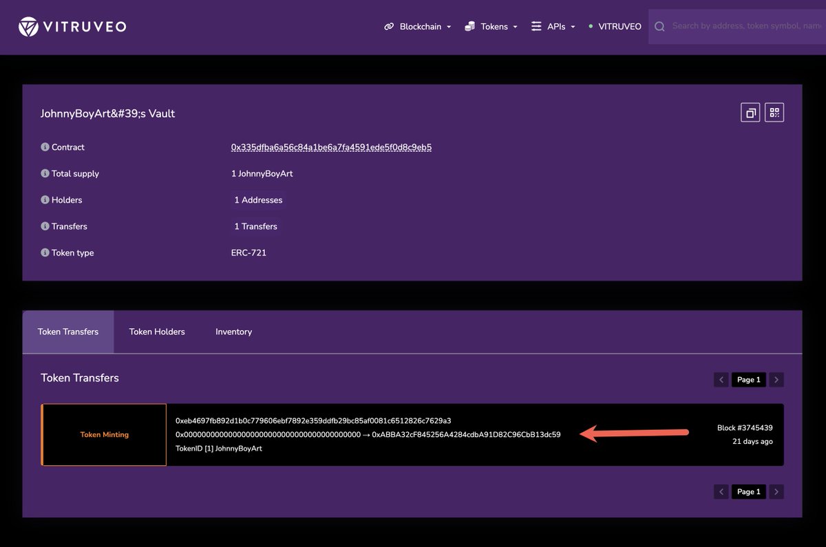 techbubble's tweet photo. With #VTRUSuite we have imagined, designed, built and launched the most ambitious and innovative platform for Creators on a community-driven, open blockchain purpose-built for Creators @vitruveochain

Let's take a closer look at one innovation: Creator Vault

The first time an artist consigns their artwork in #VTRUStudio, a new Smart Contract is automatically created for the artist. This is the artist's "Creator Vault." 

Your Creator Vault is easy to find. Go to https://t.co/rrEJRthrvr and in the search, type in your Studio username. It should pop-up as a result right away if your artwork has been consigned.

For my explanation, I am going to use @JohnnyBoyArt's Creator Vault.

Frame 1 shows the search for his Vault.

Frame 2 (tab "Token Transfers") shows that a token was minted from his Vault (to my address)

Frame 3 (tab "Token Holders") shows that my address is the sole holder of tokens in his Vault.

Frame 4 (tab "Token Inventory") shows the token ID and a token image preview.

When your artwork is licensed, it is minted from your Creator Vault. This always clearly establishes the origin (provenance) of your artwork. It doesn't come from some random marketplace contract...the origin of your artwork mints is ALWAYS your Creator Vault.

Payments are also made to your Vault. You can have as many wallets as you want associated with your Vault and only one of these wallets can claim funds. This means that if a hacker steals one of your wallets, it has no impact on your Vault mints or funds. Just remove that wallet and add a new one to the Vault.

Your Vault has a few more very exciting and innovative features, which I will talk about next.

Now go check out your Vault!