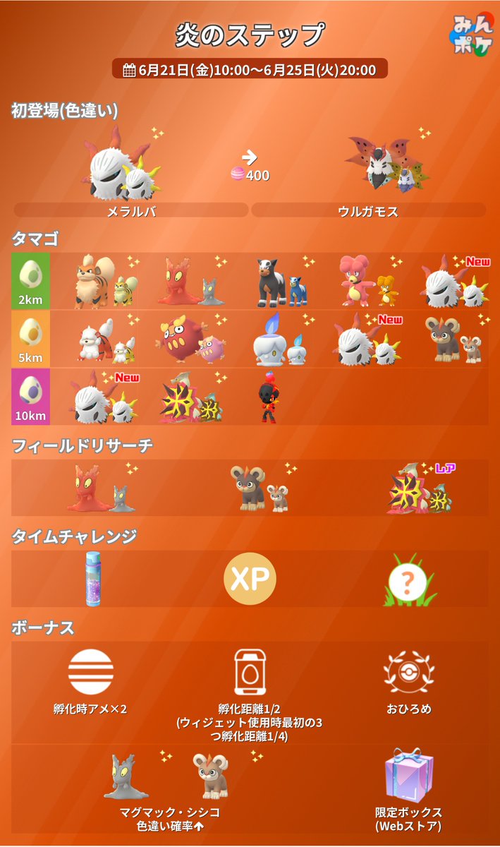 pokemongo_db's tweet photo. 【炎のステップ】
⚡開催期間
6月21日(金)10:00〜6月25日(火)20:00

✔メラルバの色違いが初登場
✔メラルバが2/5/10kmタマゴから孵化
✔孵化距離1/2ボーナス
✔マグマッグ、シシコの色違いと出会いやすい
など
https://t.co/iOh2CpsiSl
#ポケモンGO https://t.co/QrTfRhT4wc