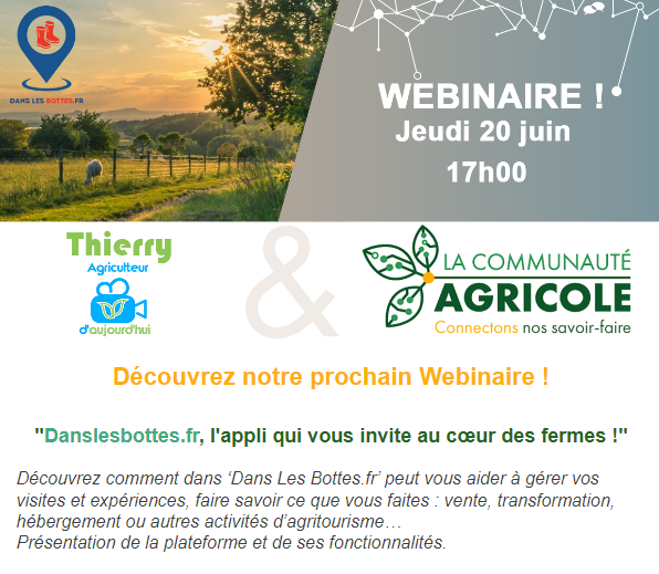 La présentation de l'application Danslesbottes.fr par <a href="/Thierry_Agri/">Thierry Agriculteur d'Aujourd'hui</a> c'est ce soir à 17h.
Vous venez ?

RDV sur #LaCommunautéAgricole
👉 r.events.proximumgroup.com/mk/mr/sh/WCPxR…
