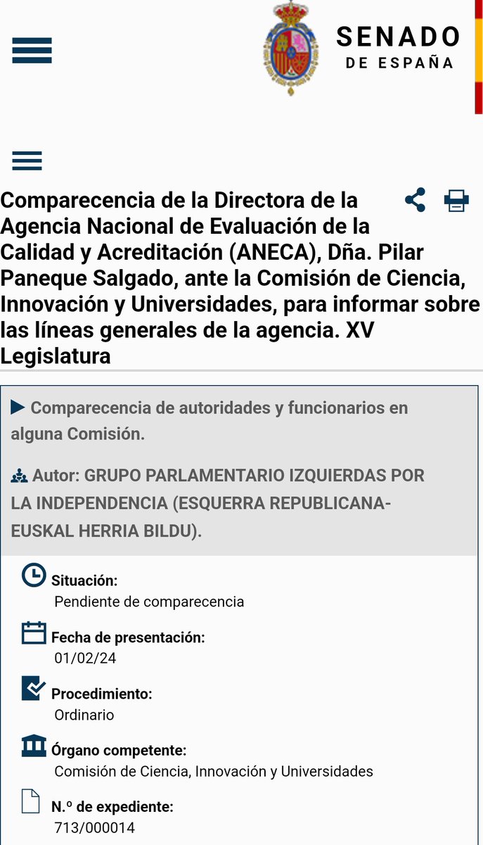 Atentos hoy al Senado, comparece ante la Comisión de Ciencia, Innovacion y Universidades, la directora de ANECA 👇