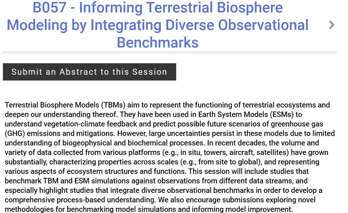 📢📢📢 Call for Abstracts! Welcome to join our #AGU24 session “B057 - Informing Terrestrial Biosphere Modeling by Integrating Diverse Observational Benchmarks” (More info on agu.confex.com/agu/agu24/prel…), co-convened by Anna Michalak, <a href="/trevorkeenan/">Trevor Keenan</a> , <a href="/dr_wusun/">Wu Sun</a> , Kelsey Foster