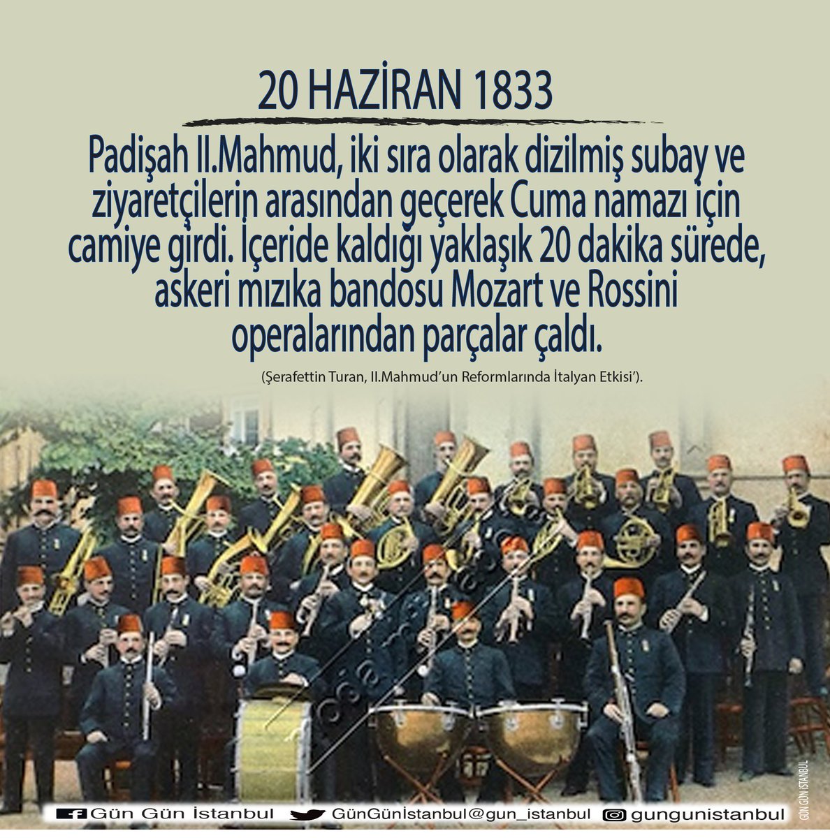 gun_istanbul's tweet photo. Mehterhanelerin kaldırılmasından sonra "Mızıka-i Hümayun" faaliyete başladı, Avrupa müzik yazısı,Avrupa çalgıları ve çok seslilik benimsendi. #I833 #Padişah #IIMahmud #askerimızıkabandosu #Mozart #Rossini #ŞerafettinTuran #İstanbul #İstanbulunTarihi #GünGünİstanbul @istanbulbld https://t.co/Pf0OWmxuFm