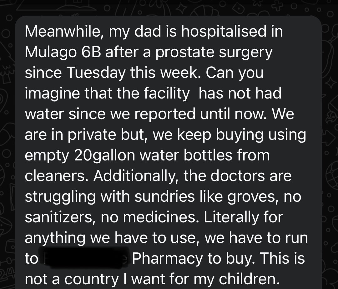 TonyNatif's tweet photo. Dear Mr President, @KagutaMuseveni,

RE: Mulago Hospital Has No Water.

Sir, we write to you with a mix of trepidation, awe and utter disbelief. 

Trepidation because we don’t know the limit to which our communication must go before we are picked up for speaking too much truth to power. 

Awe because you still command it, all of 38 years later. “Okyaali Musajja”, as our old man is wont to say. You’re still the man. 

Utter disbelief…well, it might take us a month to simply list the reasons we are in utter disbelief. We’ve watched and read your 70s/80s speeches and writings, you know…

Mr President, we go through our days muttering under our breath, words like: WTH/what are our priorities/which country is this? 

Because how do we explain to outsiders that the hospital that used to be referred to as “the best in black Africa” doesn’t have running water and people have to pay hospital workers to fetch them water in jerrycans, from outside? 

How do we explain the fact that your government spends mini fortunes on the likes of Speaker @AnitahAmong and her deputy Hon. @Thomas_Tayebwa to power up their palatial homes-for the one day in months that UMEME load sheds-but the national referral hospital doesn’t have basic running water or medicine? 

How do we explain the fact that we are among the leaders in teenage pregnancy IN THE WORLD, despite your administration’s best efforts to preach abstinence and nothing else?

Mr President, we know that you lent your own personal Doctor, @DianaAtwine to the country to serve it as the PS at @MinofHealthUG, in the hope that she would do as good a job as she’s done to keep you healthy and strong as you get into your 80s. 

On the evidence of things, the opposite is happening here, Sir. As you get stronger, our healthcare institutions get weaker. 

Ugandans are dying early deaths at the hands of an underfunded, under-staffed healthcare system, Mr President. 

You’re prioritizing politicians and sacrificing the rest of us, Sir. 

It doesn’t help matters that said politicians are the very ones that pass senseless laws that have got the donor community, that has been shouldering most of our healthcare budget, to retreat. 

Mr President, wano tetukutegedde, Ssebo. Tutangazeemu. 

Best,

Abazukulu abanyiivu.