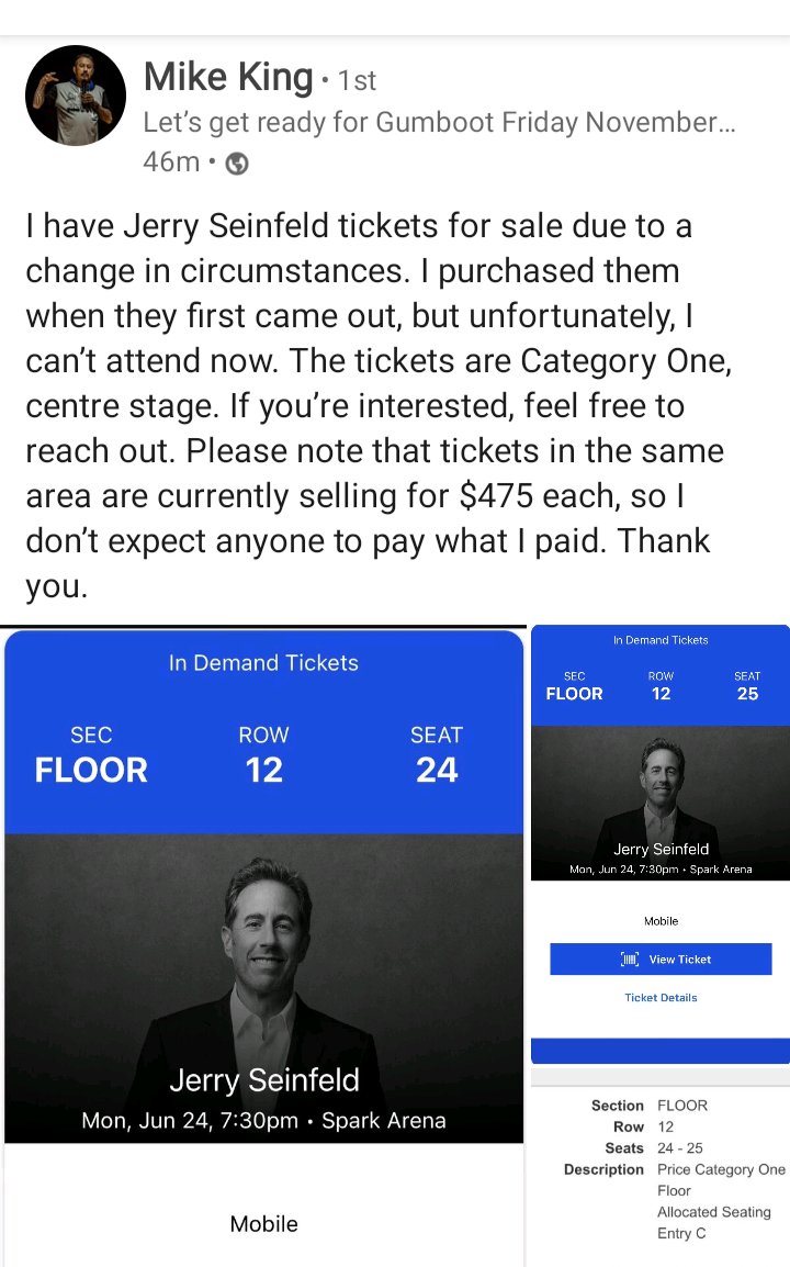 KarlDotKiwi's tweet photo. Mike King on LinkedIn trying to sell his Seinfeld tickets...
They ain't cheap he must be doing alright eh??
And I did stand up to raise funds for #GumbootFriday. Not anymore.
#FreePalestine
. https://t.co/5USEaFkXfL