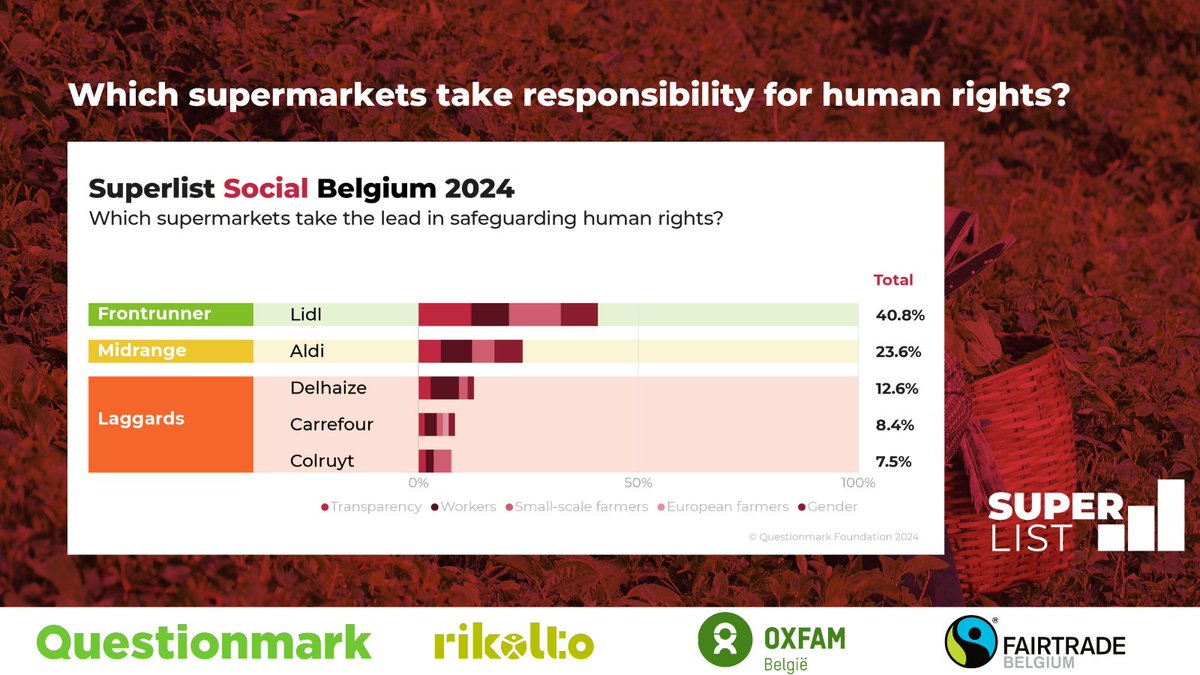 How do Aldi, Carrefour, Colruyt, Delhaize en Lidl protect farmers and workers, and secure fair income and gender equality?
Lidl leads the way but all supermarkets take insufficient responsibility for human rights in their supply chains. thequestionmark.org/project/superl…