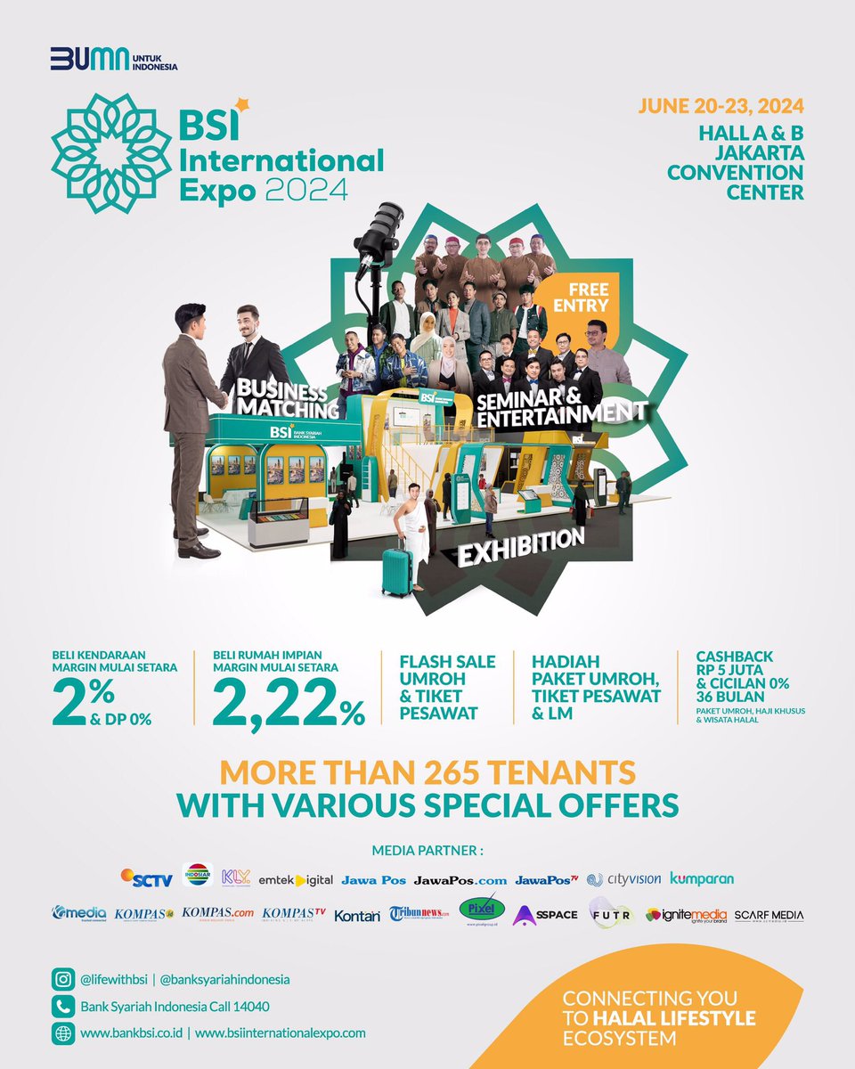 JCC hari ini sampe lusa bakal meriah banget sih. Yg belum ada acara, jangan lupa mampir🫵🏼

BSI International Expo. CONNECTING YOU TO HALAL LIFESTYLE ECOSYSTEM di Jakarta Convention Centre (JCC), Senayan dari tanggal 20-23 Juni 2024.

<a href="/bankbsi_id/">Bank Syariah Indonesia</a> #ConnectNow #BSIInternationalExpo