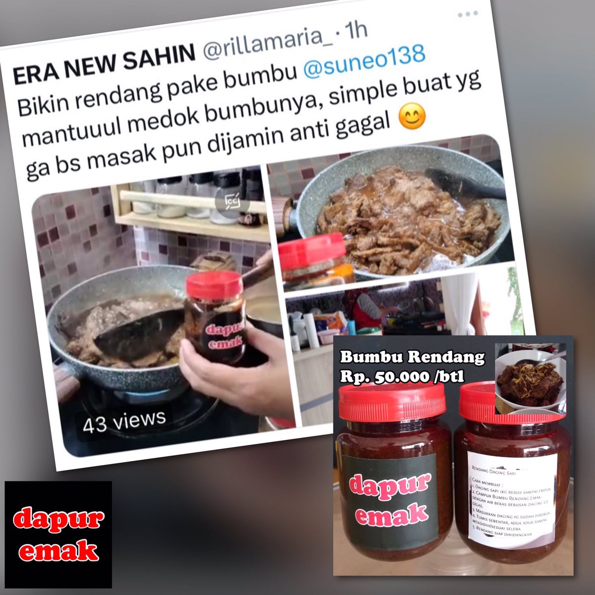 Bismillah

2 TOPLES BUMBU RENDANG dapur emak

Buat 2 orang follower yg beruntung, masing masing 1 toples BUMBU RENDANG dapur emak

• RTL
• RTL yg di quote
• Reply dom
• End besok gimana mood emak
• Free ongkir ke seluruh Indonesia

Semoga beruntung

cc <a href="/vaniepink/">Stevaniehuangg</a> 

❤️❤️