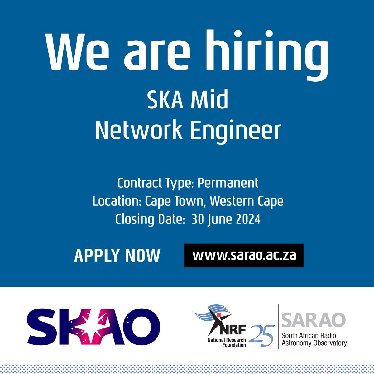 SKA_Africa's tweet photo. The South African Radio Astronomy Observatory (SARAO) currently has several vacancies available. These opportunities are part of SARAO's efforts to expand its team and support ongoing projects like the MeerKAT Extension.

Learn more
https://t.co/HVUmKbH8ld https://t.co/pjnHueOYmH