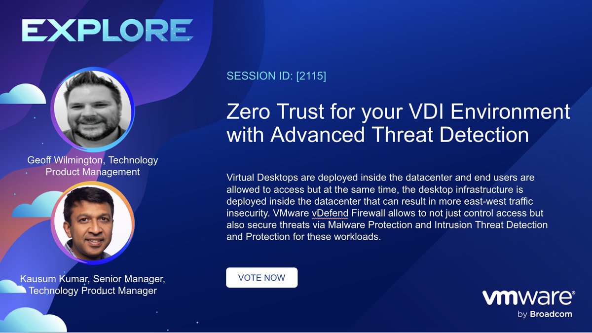 kausum's tweet photo. Join me and Geoff Wilmington at @VMwareExplore2024 Las Vegas for their People's Choice Session, Zero Trust for your VDI Environment with Advanced Threat Detection [2115].  
Choose the sessions you'd like to see voting here: https://t.co/kNSKmLptIR… #VMwareExplore #Avi #RunNSX https://t.co/9SxZyZarfU