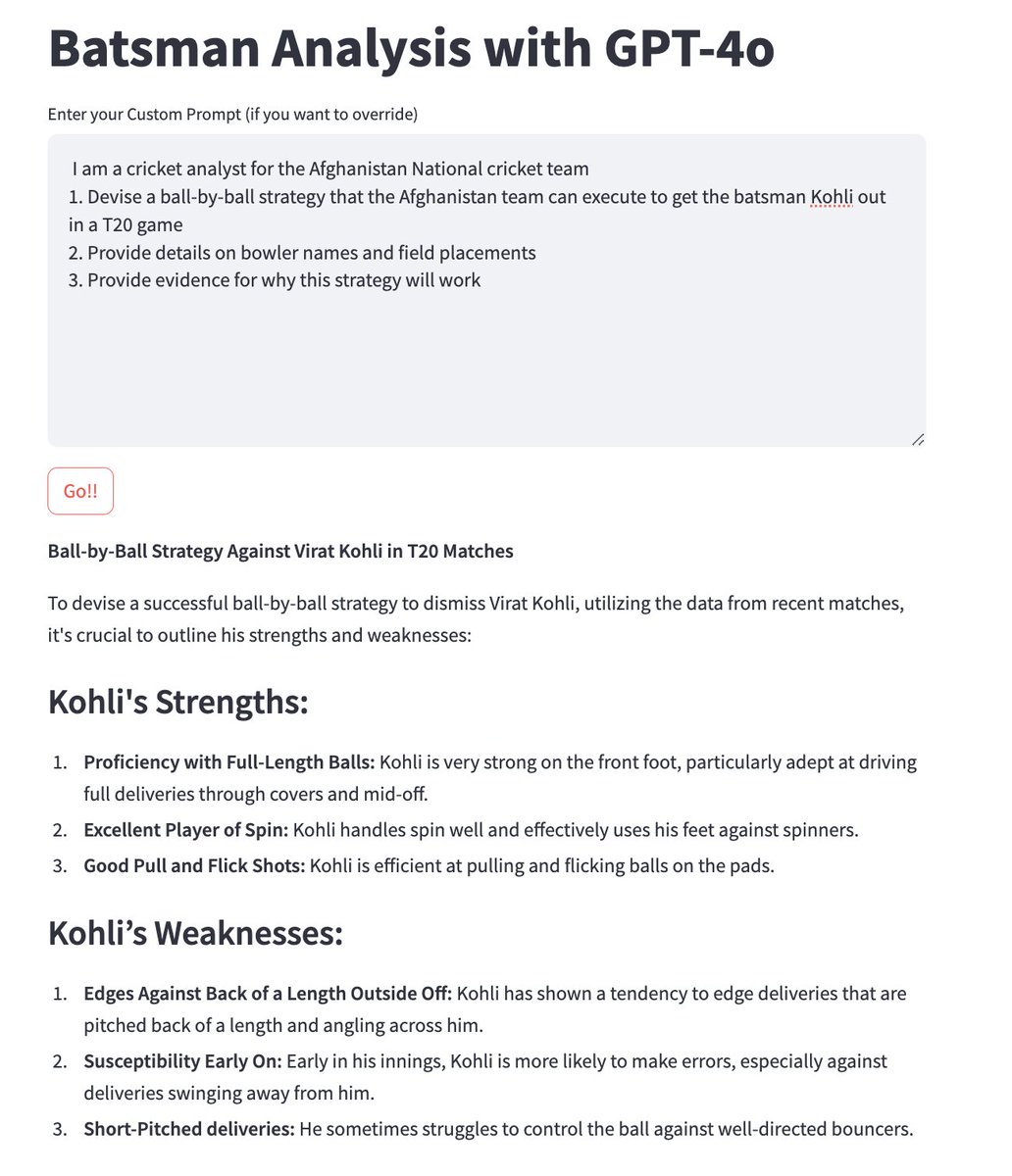 Raghavan_M's tweet photo. https://t.co/mqMauqIYmT I was analyzing the ongoing T20 World Cup and thought, why not develop a GPT-40-powered RAG? So, I built this hacky toy app. It's not polished and can make embarrassing mistakes and hallucinate. However, I can see legitimate responses for strategies against @imVkohli
for AFG cricket team and against @rashidkhan_19
for IND cricket team.
@ESPNcricinfo
@ESPNLiveCric
@ICC
i would love to get feedback
@ashwinravi99
and PDOGG 🙏