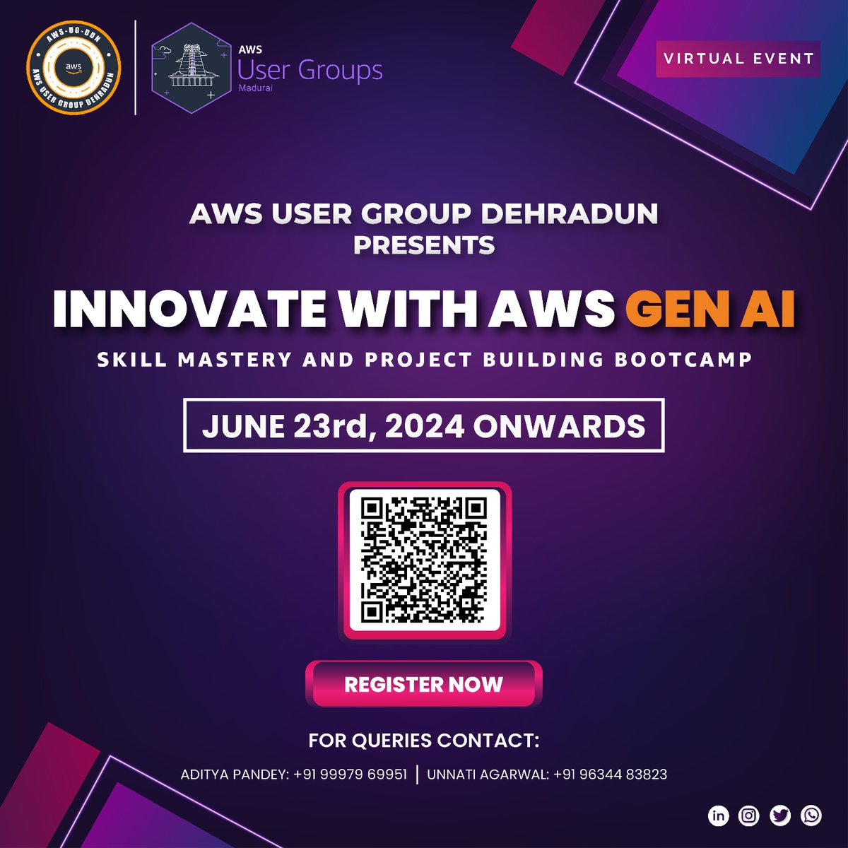 AWS UG Madurai (@awsugmdu) on Twitter photo ๐ Join the AWS User Group Madurai and Dehradun for a 4-week online bootcamp on AWS Generative AI!
Learn from experts, gain hands-on experience, and showcase your skills in a culminating project. Donโt miss out
Register now: konfhub.com/innovate-with-โฆ
<a href="/awsugddn/">AWS User Group Dehradun</a> #AWSGenAI ๐ Join the AWS User Group Madurai and Dehradun for a 4-week online bootcamp on AWS Generative AI!
Learn from experts, gain hands-on experience, and showcase your skills in a culminating project. Donโt miss out
Register now: konfhub.com/innovate-with-โฆ
<a href="/awsugddn/">AWS User Group Dehradun</a> #AWSGenAI