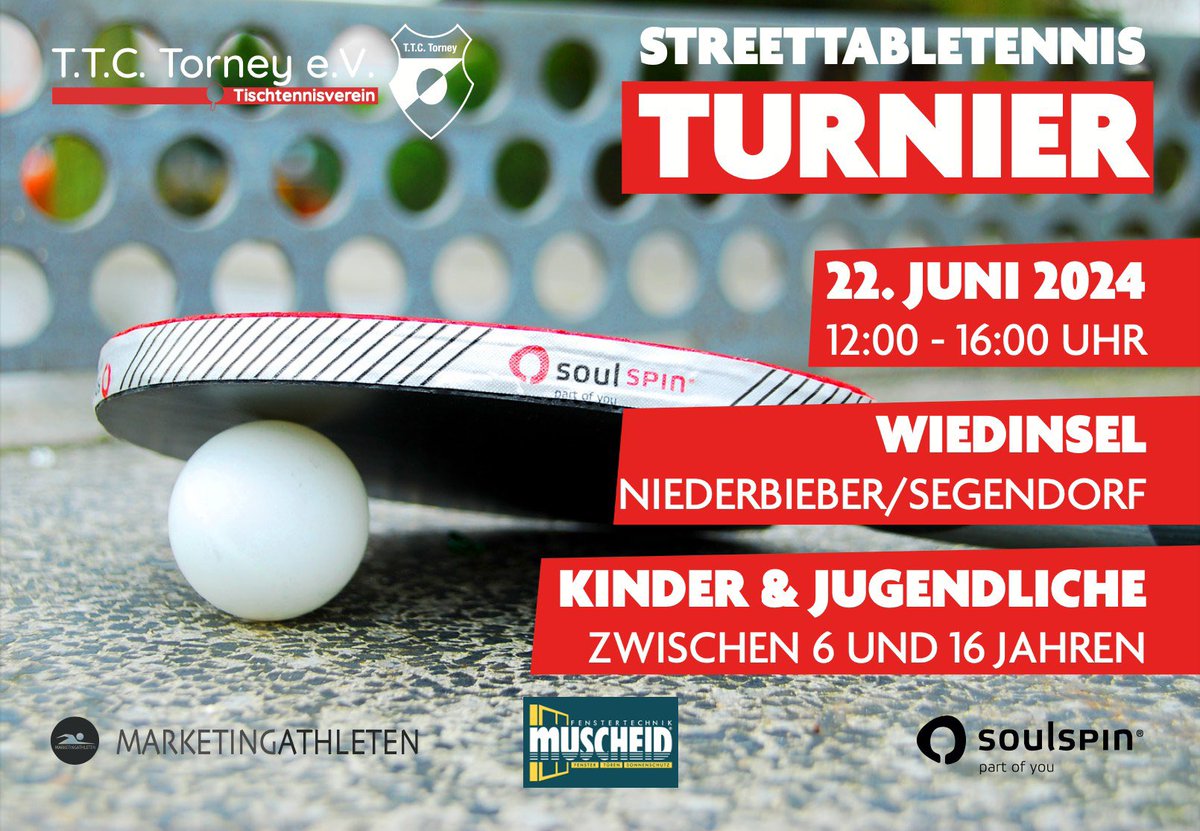 MAthleten's tweet photo. 🎉 Der TTC Torney e.V. lädt zu einem spannenden #StreetTableTennis Turnier für Kinder und Jugendliche nach #Niederbieber ein! 🏓

Am 22. Juni 2024 zwischen 12:00 und 16:00 Uhr. Kinder und Jugendliche im Alter von 6 bis 16 Jahren. #tischtennis #tabletennis https://t.co/R7CaYOjeFp https://t.co/DyJhfdw5Ax