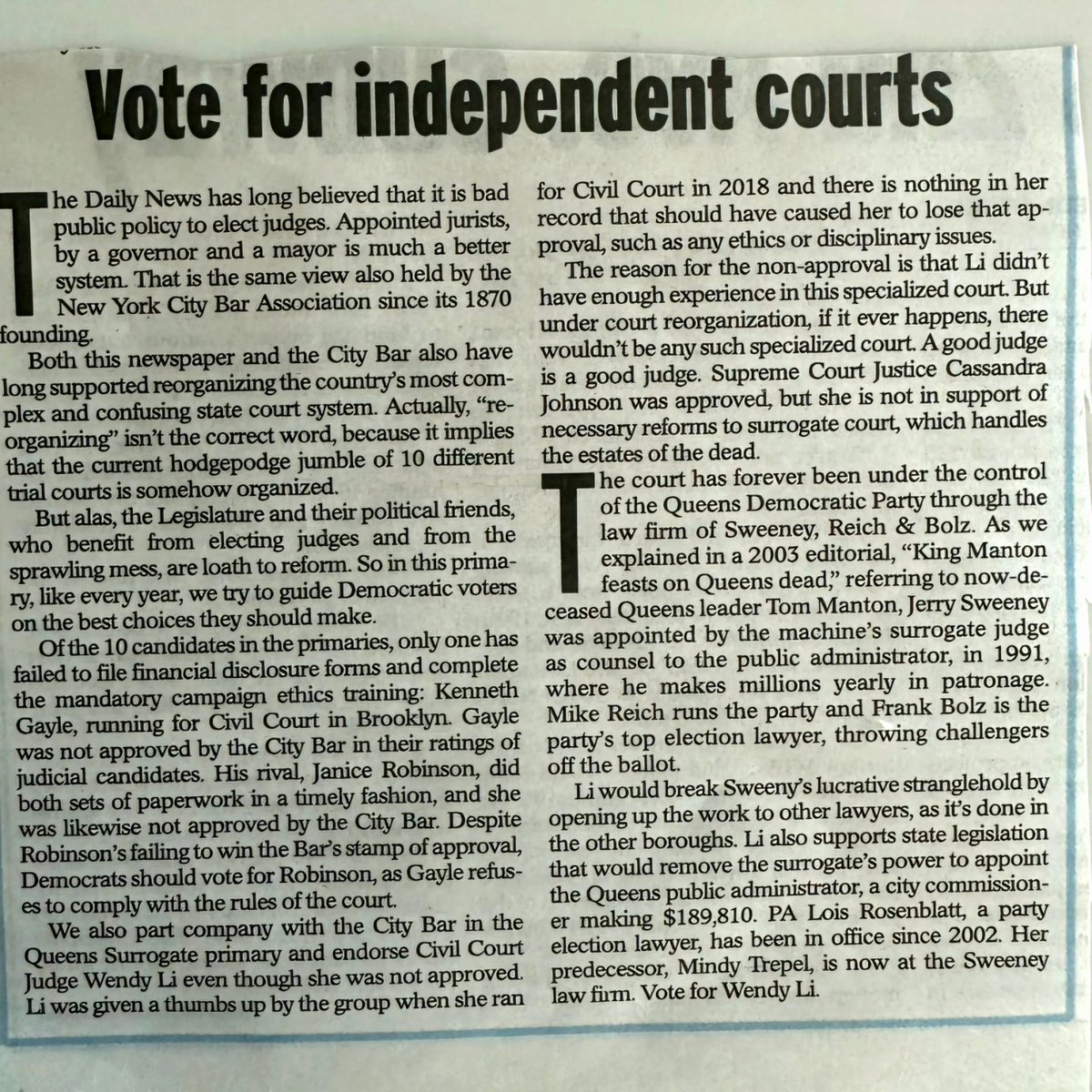 mariteskaufer's tweet photo. 🧵Two informative pieces have been published by local news media over the last several days which I believe could prove useful to Queens Democrats as they head to the polls this week during Early Voting (through Sunday, June 23rd) and on Election Day (next Tuesday, June 25th). https://t.co/6F0QGVG3Sf