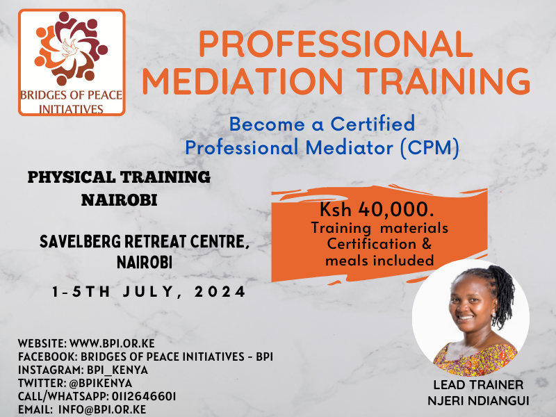 bpikenya's tweet photo. Join us at Savelberg Retreat Centre for a mediation training. This is happening from July 1st-5th, 2024. This is HIGHLY Recommendable training for mediation enthusiast. Don't be left behind WhatsApp 0720674590
Cost: Ksh40,000.
Paybill: 247247.
A/C: 0112646601. https://t.co/ZK8LDvPTYU