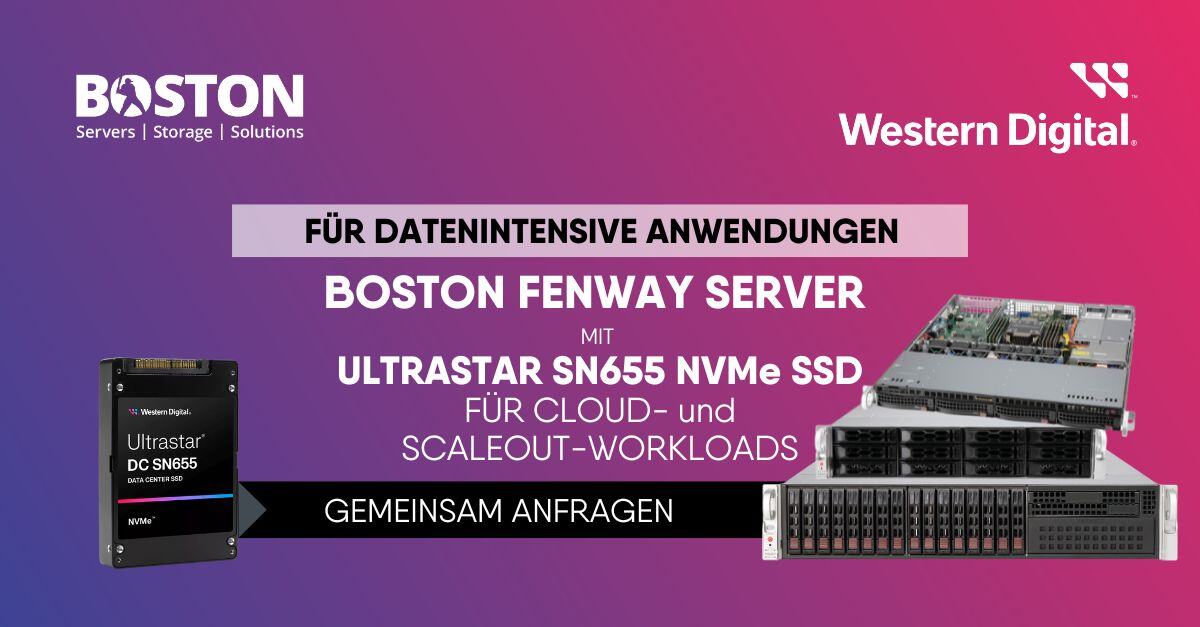 BostonGermany's tweet image. 🔔 Jetzt neu: Boston Fenway Server mit Ultrastar DC SN655 NVMe SSD von Western Digital! 🚀 Für leistungsstarke, datenintensive Anwendungen perfekt geeignet.

▶️Details: eu1.hubs.ly/H09KNX_0

#ServerLösungen #NVMeSSD #WesternDigital #TechNews #SN655