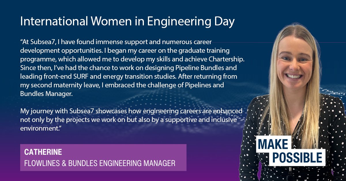 Subsea7Official's tweet image. In celebration of #INW24 we&apos;re proud to introduce Catherine, our #Flowlines and #Bundles Engineering Manager. Catherine&apos;s inspiring journey with us showcases the incredible contributions women can make in #engineering.

Check out: Current vacancies (ow.ly/T56s50SlBhw)