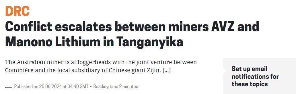 $AVZ
'In addition 2 the arbitration it has launched B4 the ICC in...
The 2 parties R prospecting 4 #Lithium in the same area &amp; have locked horns over the construction of a road. AVZ claims Manono Lith. began building the road in order 2 gain easier access 2 its own concession.'🤔