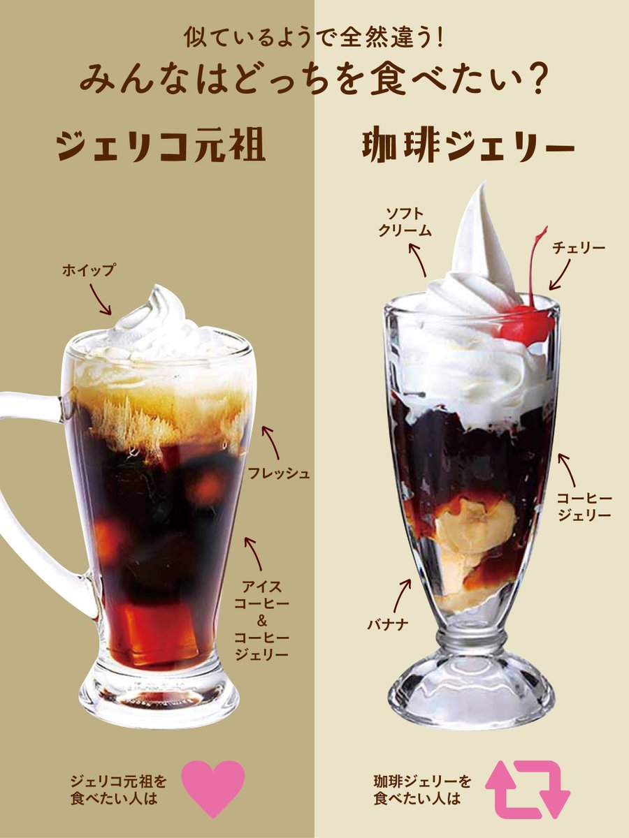 似ているようで全然違う、自家製ジェリーを使ったドリンクとスイーツ😍ひんやりメニューがおいしい季節に食べたいのはどっち？いいね❤️かRT🔁で教えてね！