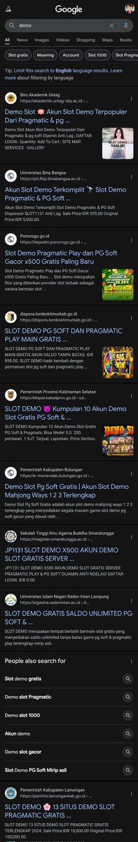 chocolateshirt's tweet photo. Judi Online (judol) merajalela, ketik kata kunci ini di google:
demo

90% bisa dipastikan website milik pemerintahan/sekolah/universitas

Sayang sekali banyak anggaran untuk website tetapi gak punya webmaster, endingnya dipakai untuk aktivitas Judi Online semua.. https://t.co/mCWbJvmPNN