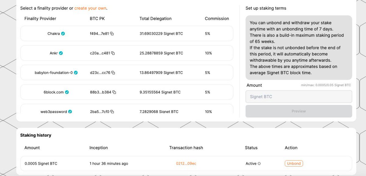 babylon的猪脚饭看样子是吃上了。babylon应该算是比特币生态王炸级项目，质押是释放比特币钞能力最重要的一环。

很多人说领不到水，目下确实不容易，领水的人太多了。如果你想参与未来比特币测试网的项目，建议平时不卷的时候开多账号去领水。

比特币有两个测试网，Signet 和