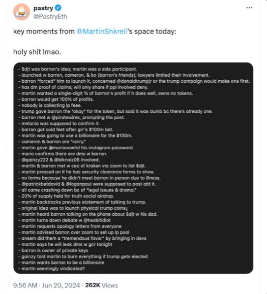 RFTradingMaster's tweet photo. 'Pharma Bro' Martin Shkreli claims Barron Trump holds private keys to the DJT token, alleging he assisted the 18-year-old in launching the Solana-based meme coin with Donald Trump's approval. However, the Trump family has not confirmed these claims. #Cryptocurrency #DJTToken https://t.co/qgZKgEZ5Zf