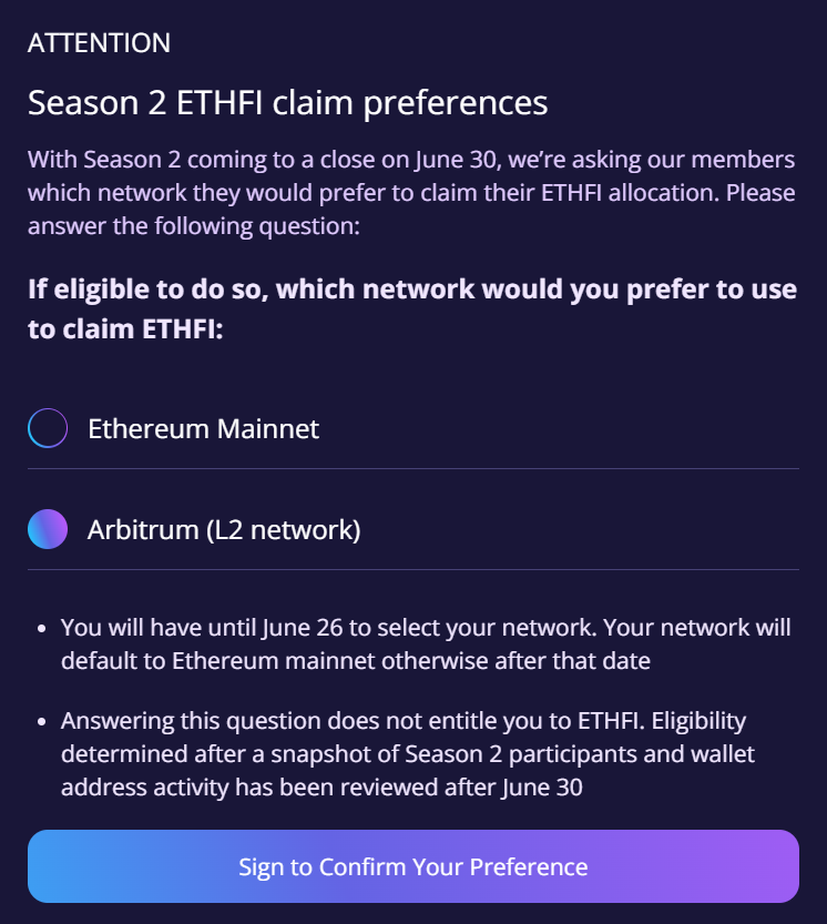 rob_inwoods's tweet photo. 🪂 ETHFI airdrop season 2 is coming!

@ether_fi season 2 ends on June 30 and you'll need to decide if they want to claim your $ETHFI on Ethereum mainnet or Arbitrum (L2)!

Steps
↳ Visit https://t.co/FhkhANnKUr and connect your wallet
↳ Select Ethereum Mainnet or Arbitrum (L2 network)
↳ Click 'Sign to Confirm Your Preference' and approve the transaction

🚨 You have until June 26 to decide before defaulting to $ETH mainnet.

Source: Etherfi Discord